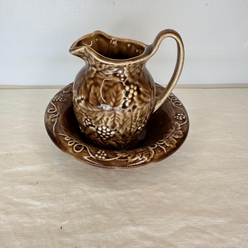 Kingwood Ceramics USA Brown Pitcher and Bowl Set Vintage Floral Grape Motif